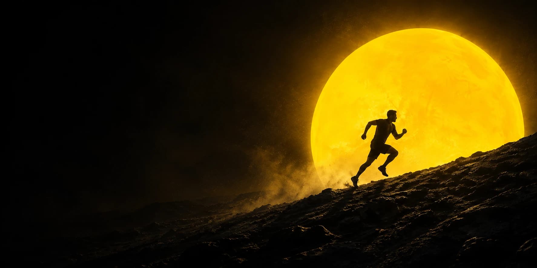 An athlete powers up a volcanic ridge in front of a monumental yellow sun